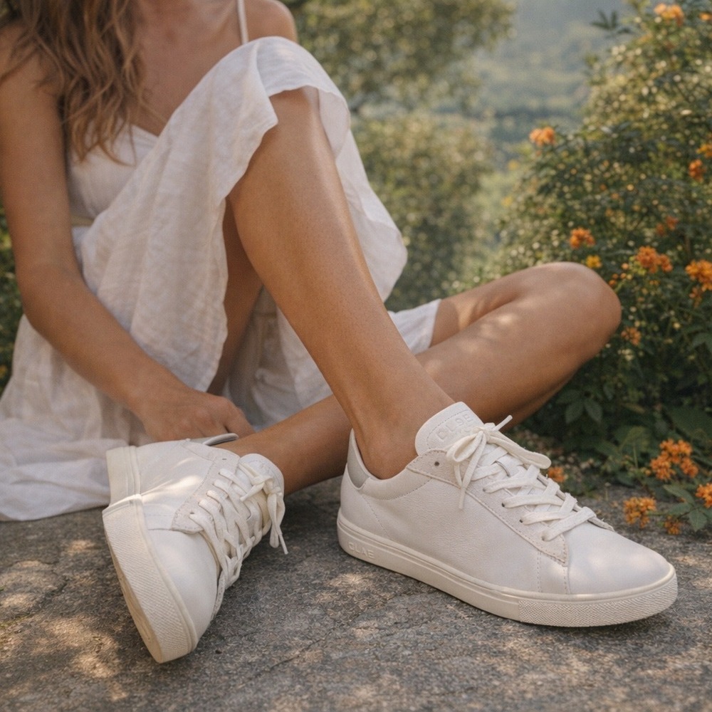 CLAE Bradley White Leather Sage‎ Green Low Top Sneakers Womens Size 7 EUR 40